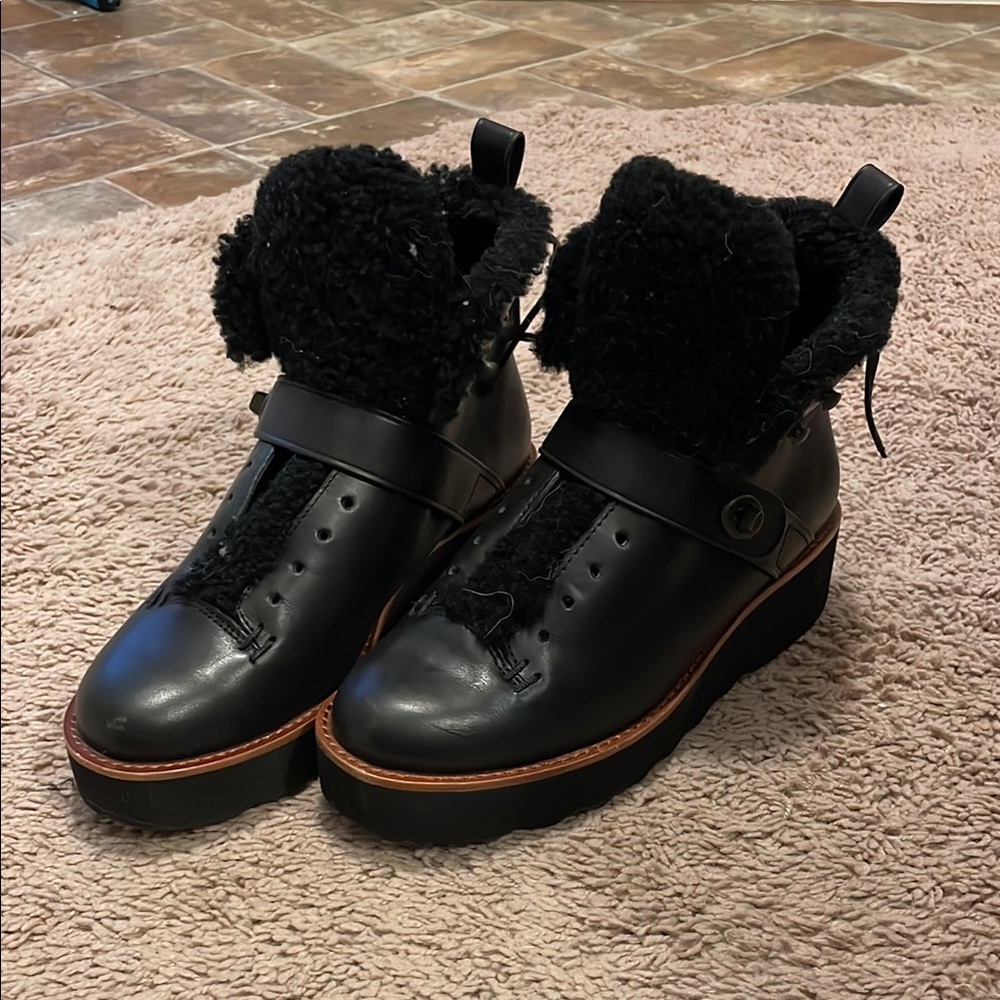Coach Winter Boots with Fluffy Trim and Lace-Up Design